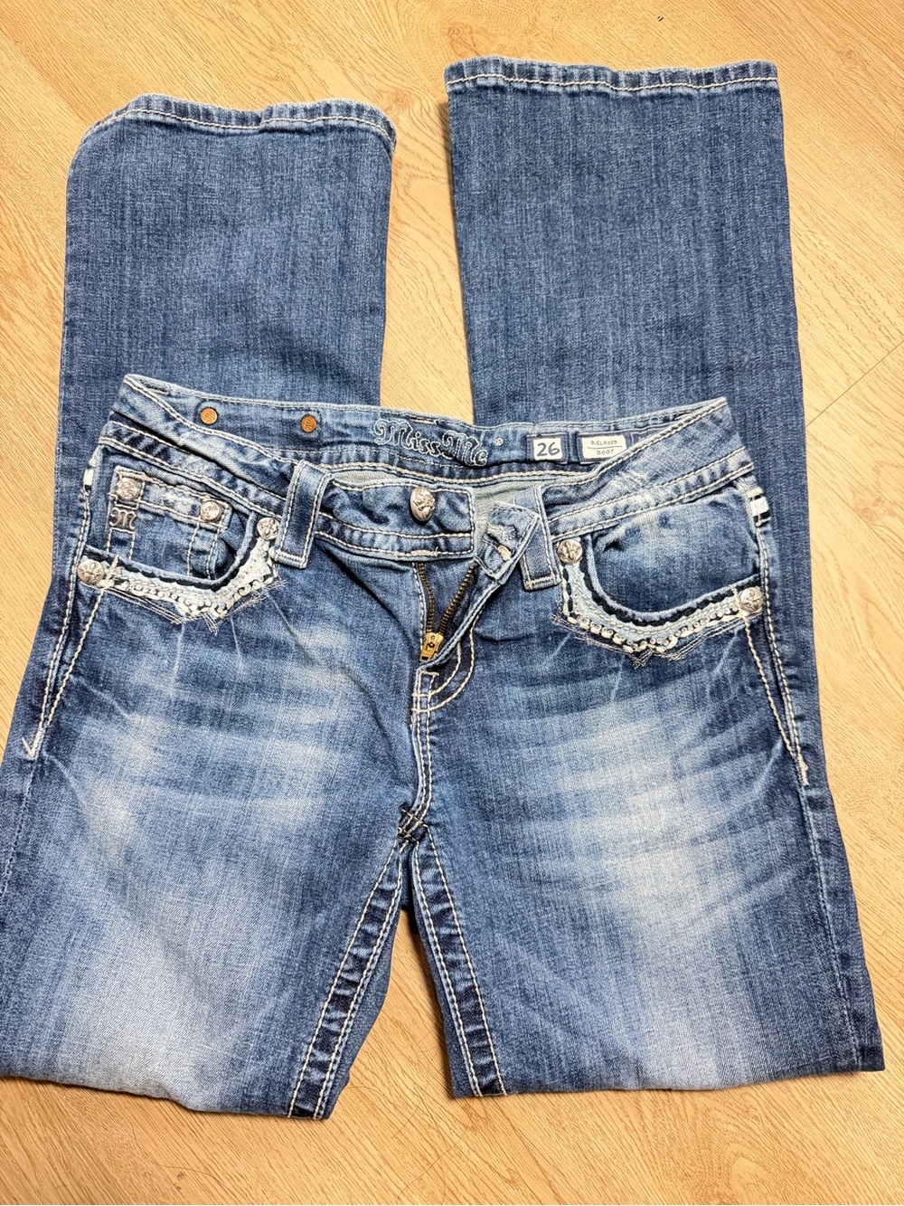 Miss Me Medium Wash Bootcut Jeans with Embroidered Trim